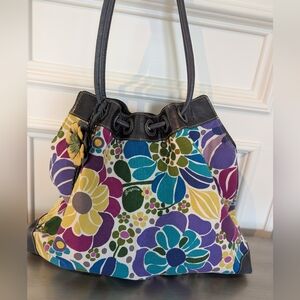 Brighton Leather and Canvas Floral Multicolor Women's Bag w Leather Flower Fob